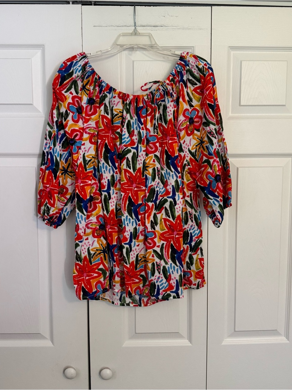 Women's Vibrant Linen/Cotton Peasant Floral Blouse - Red Multicolor